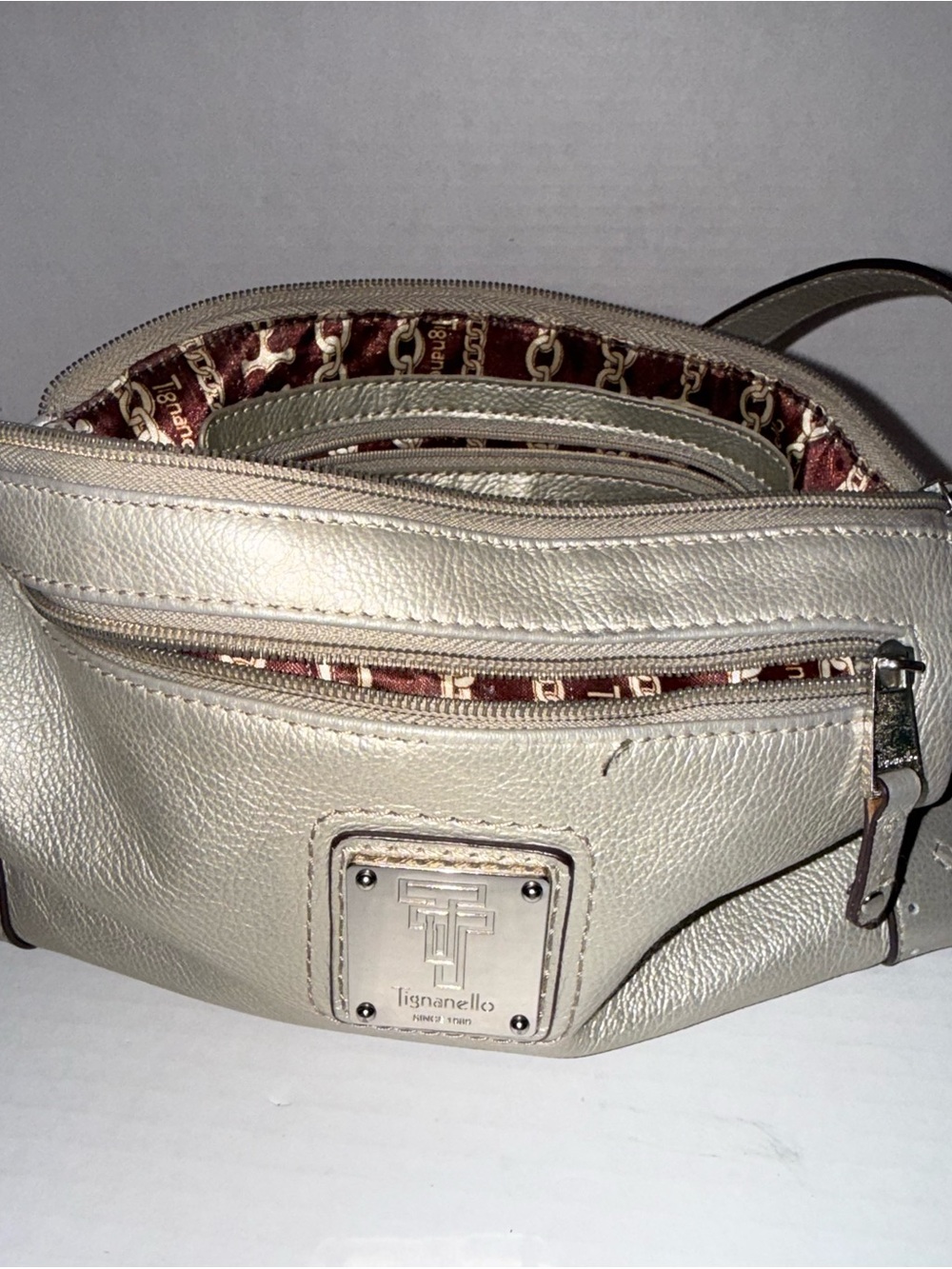 Tignanello Metallic Taupe Leather Crossbody Purse - Picture 7 of 9